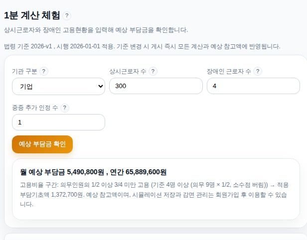안심클립 부담금 1분 계산 체험 화면. 기관 구분과 상시근로자 수, 장애인 근로자 수를 넣어 예상 부담금을 확인